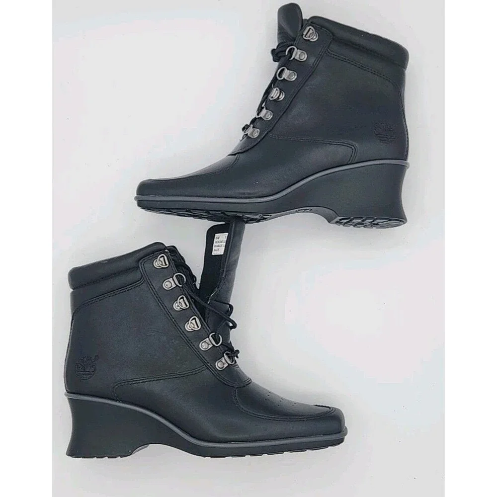 NWOB New Timberland Hill Women’s 6M Black Leather Upper Wedge Ankle Boots #19346